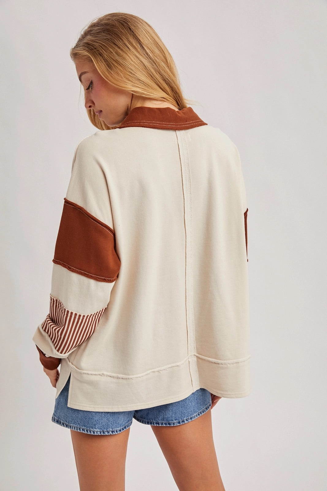 Color Block Contrast Half-Button Knit Top