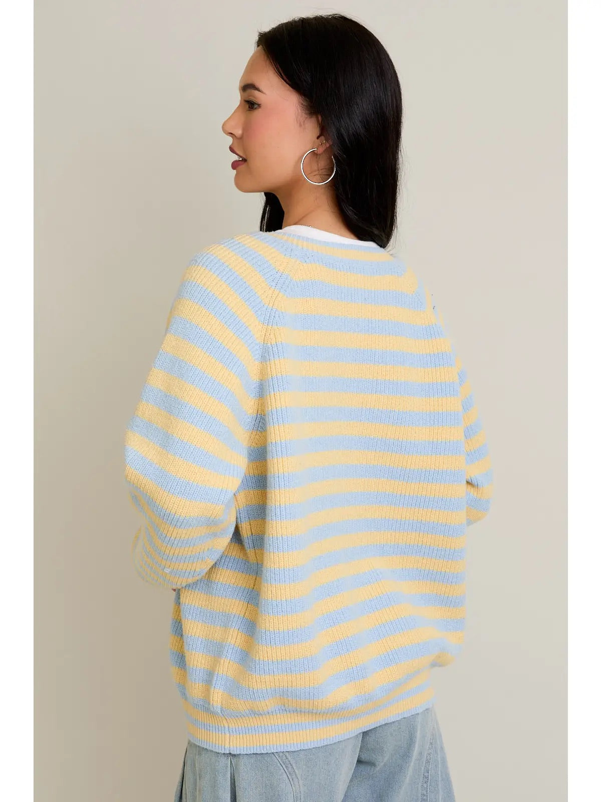 Raglan Long Sleeve Crew Neck Striped Cardigan