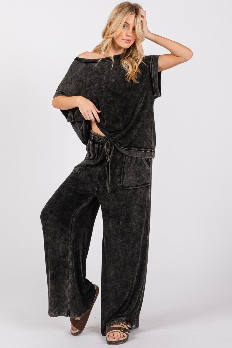 Mineral Washed Ribbed Top and Pants Set- Black