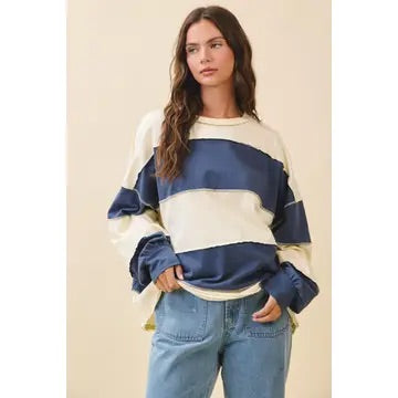 Contrast Panel Long Sleeve Slouchy Top (Navy/Pineapple)