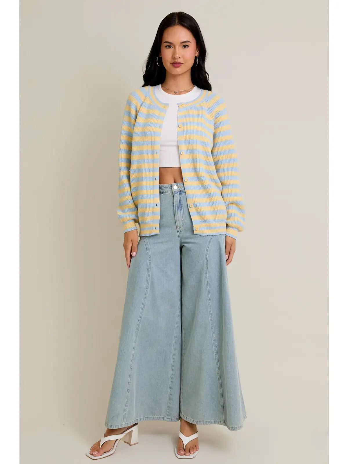 Raglan Long Sleeve Crew Neck Striped Cardigan
