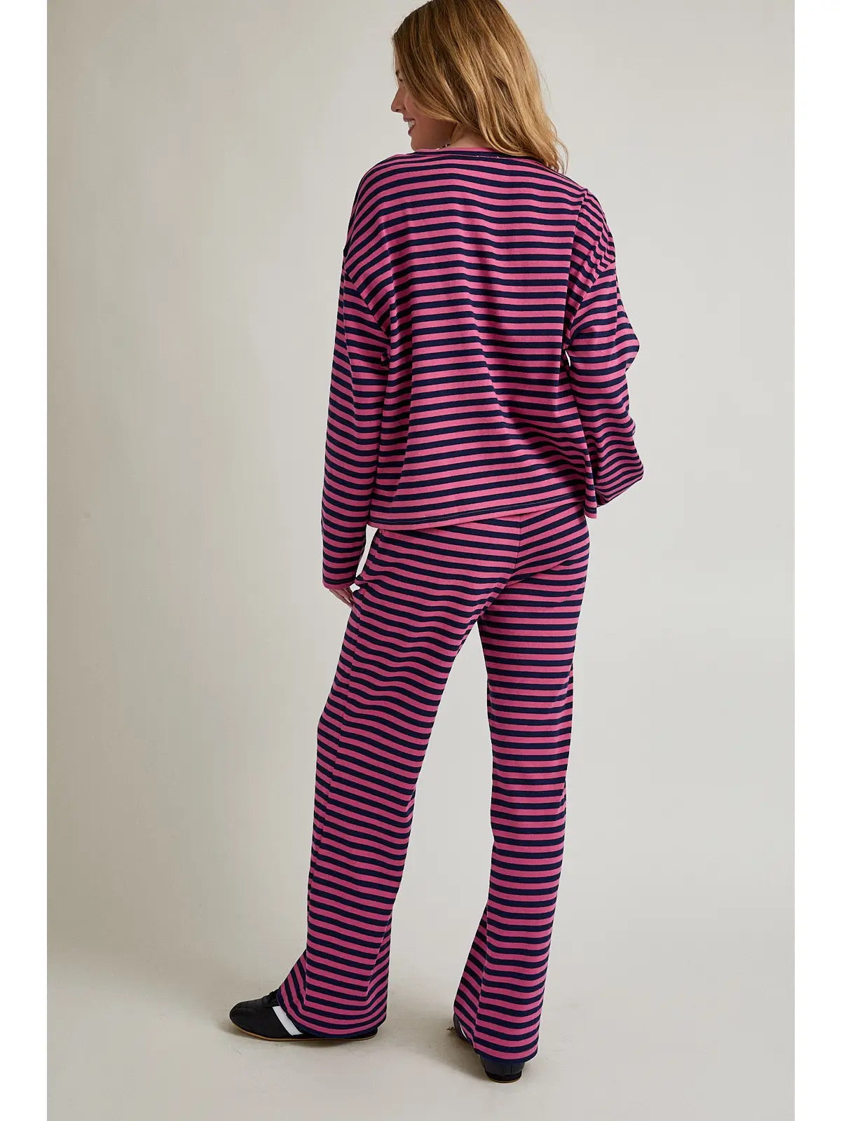 Long Sleeve Round Neck Striped Matching Set- Pink & Navy