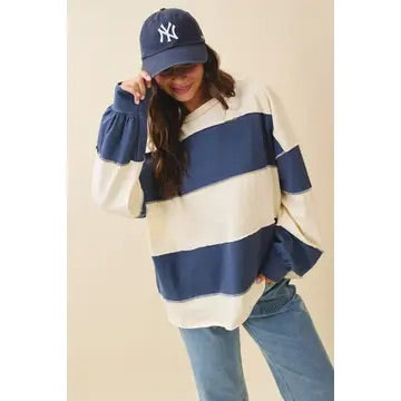 Contrast Panel Long Sleeve Slouchy Top (Navy/Pineapple)