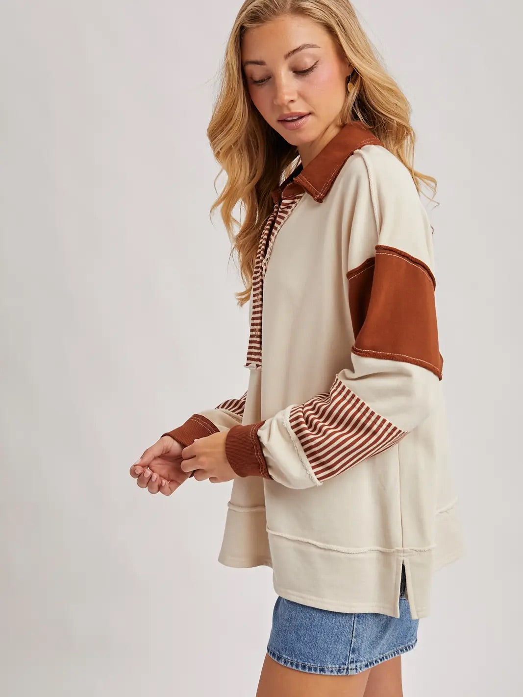 Color Block Contrast Half-Button Knit Top