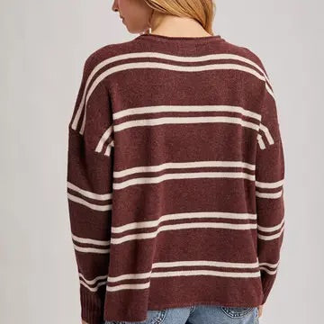 Notch-Neck Striped Knit Sweater- Chestnut