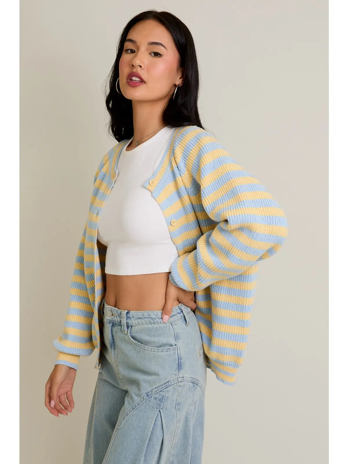 Raglan Long Sleeve Crew Neck Striped Cardigan