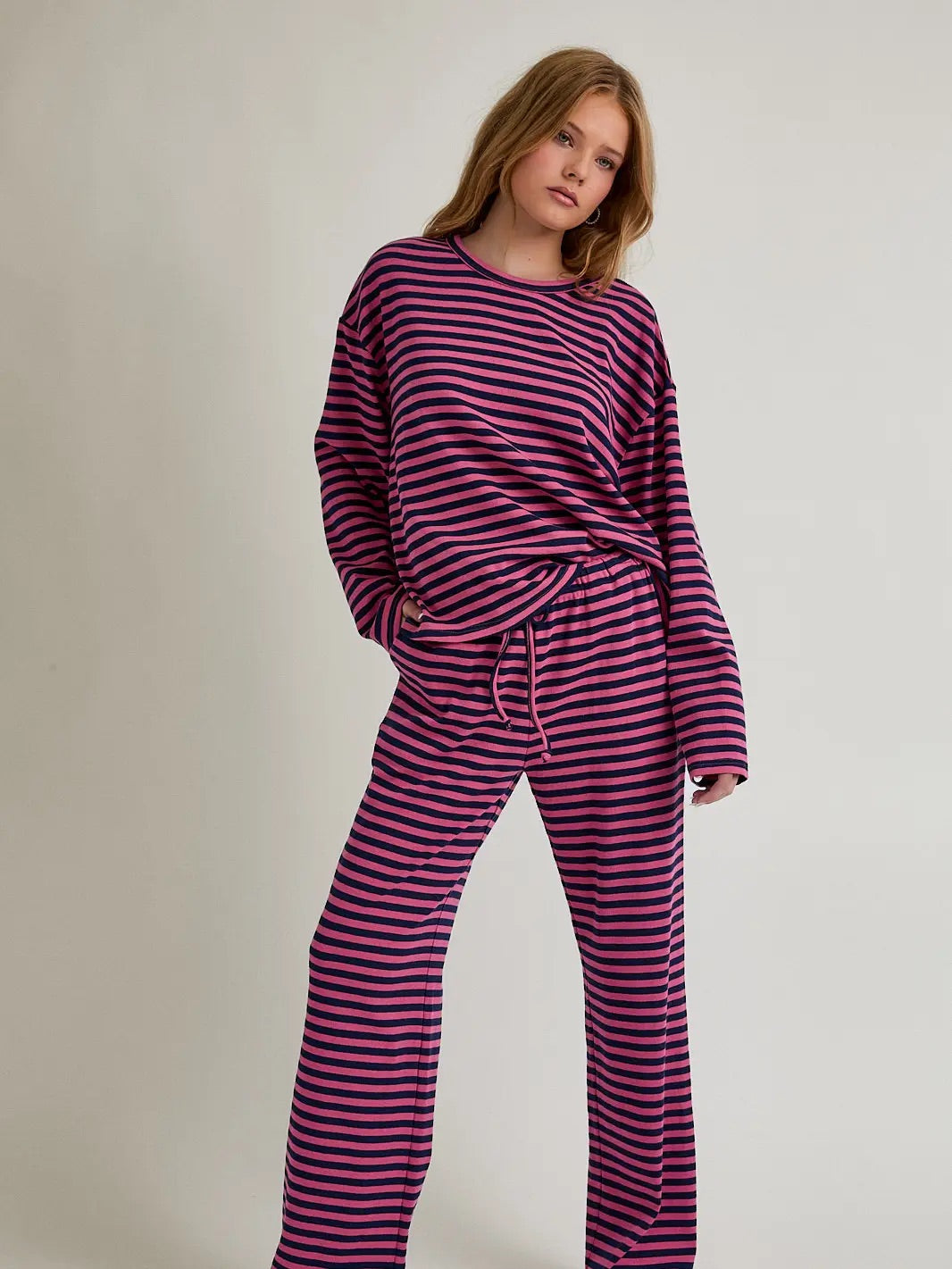 Long Sleeve Round Neck Striped Matching Set- Pink & Navy