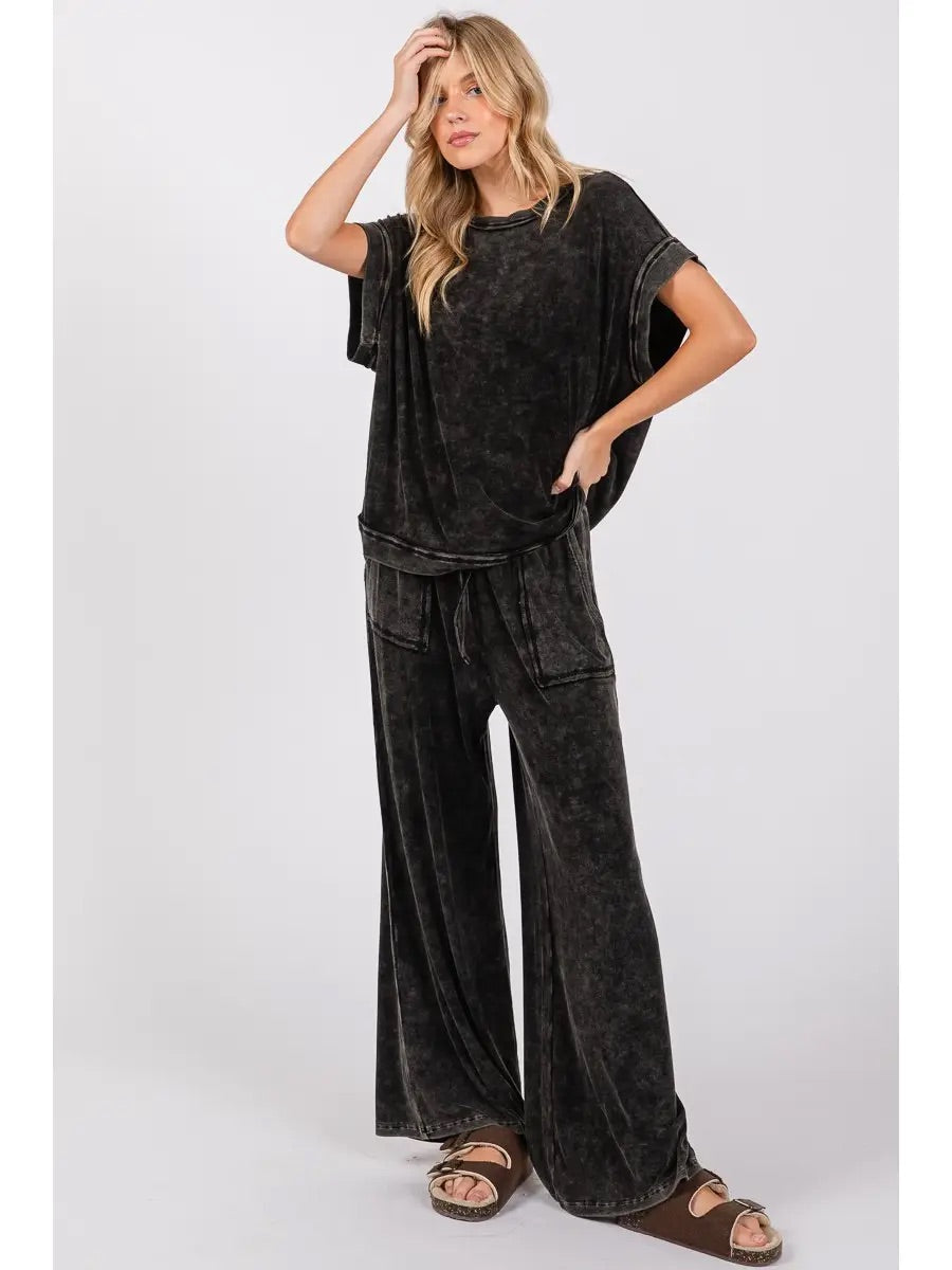 Mineral Washed Ribbed Top and Pants Set- Black