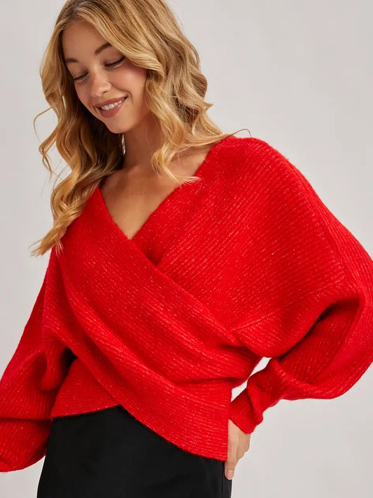 Wrap Crossover Fuzzy Knit Sweater