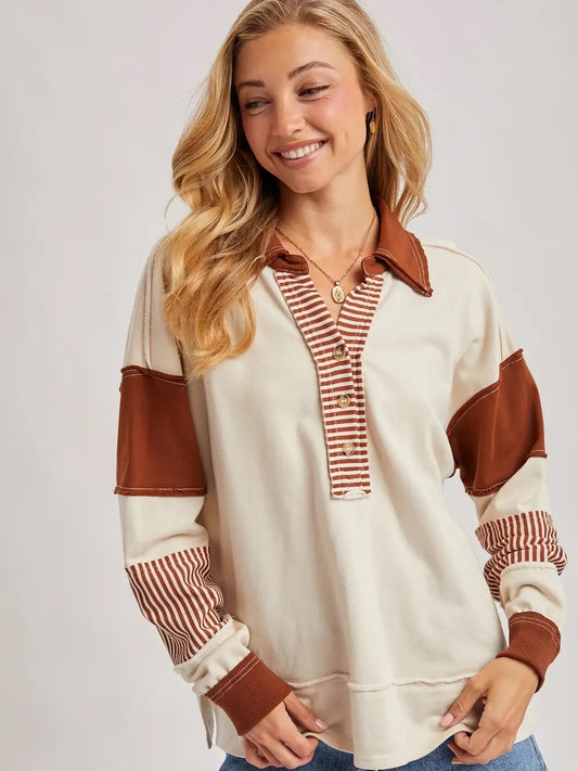 Color Block Contrast Half-Button Knit Top