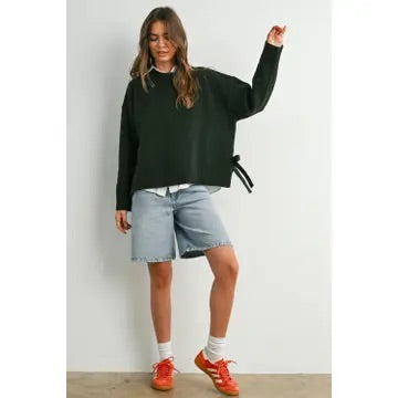 Tie Split-Hem Crewneck- Olive