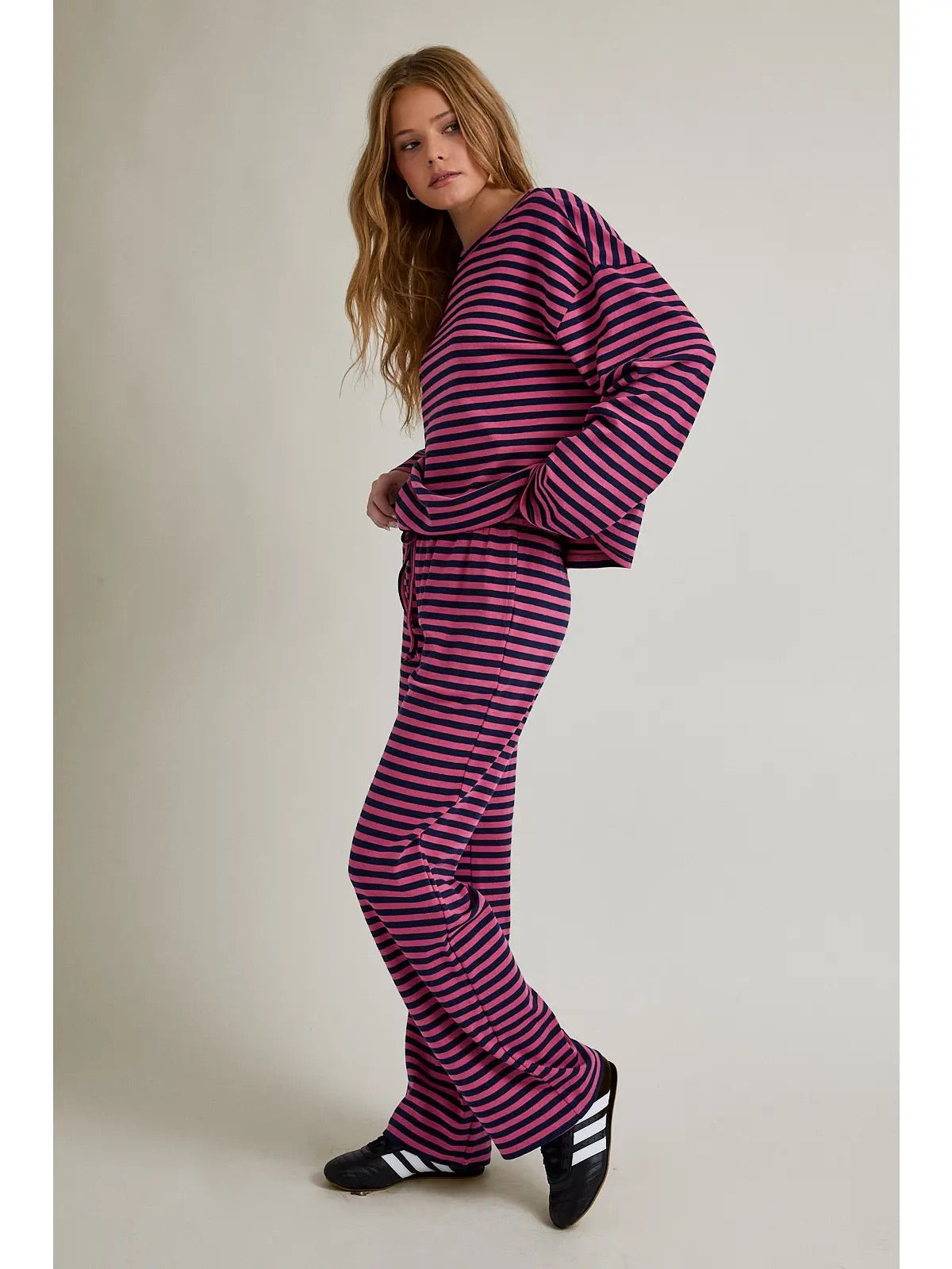 Long Sleeve Round Neck Striped Matching Set- Pink & Navy