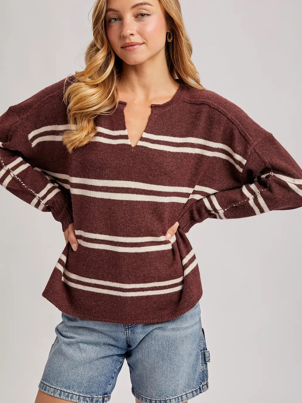 Notch-Neck Striped Knit Sweater- Chestnut