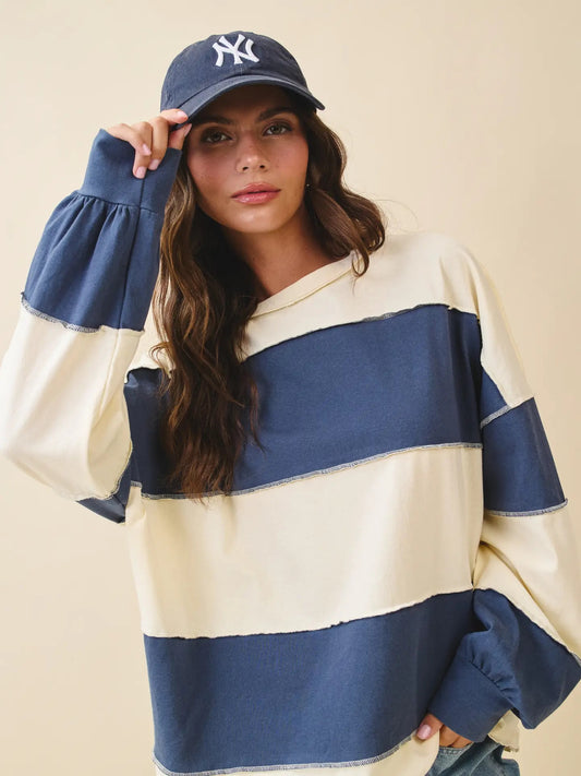 Contrast Panel Long Sleeve Slouchy Top (Navy/Pineapple)