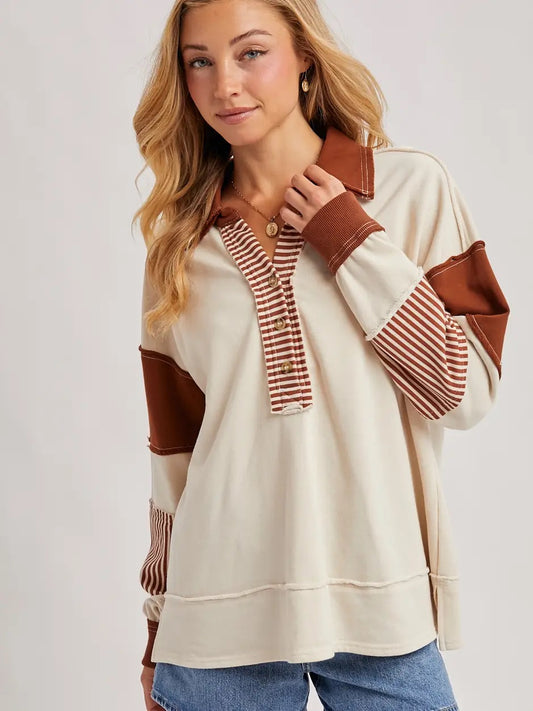Color Block Contrast Half-Button Knit Top
