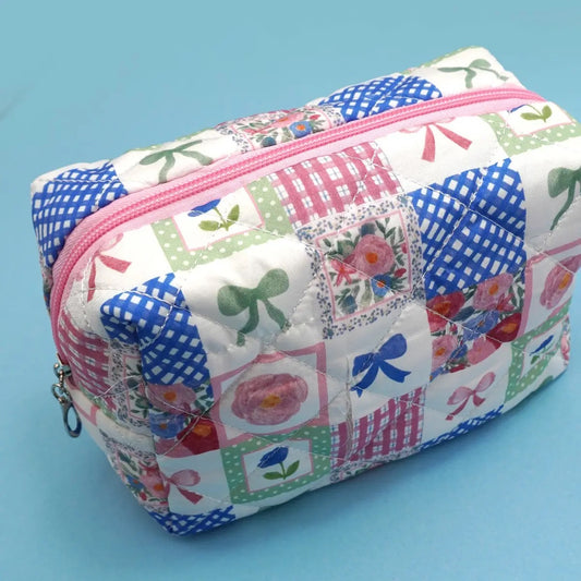 Bow Quilted Cotton Floral Cosmetic Pouch