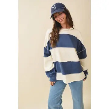 Contrast Panel Long Sleeve Slouchy Top (Navy/Pineapple)