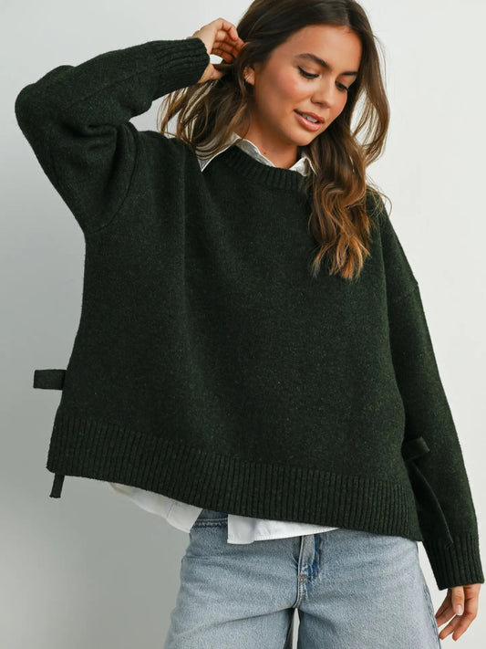 Tie Split-Hem Crewneck- Olive