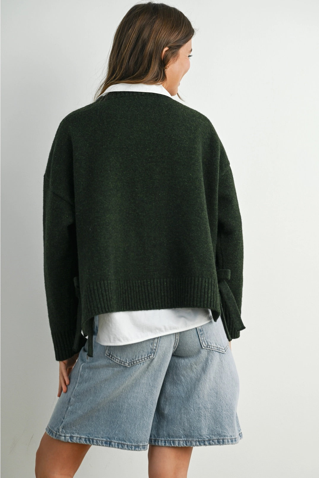Tie Split-Hem Crewneck- Olive
