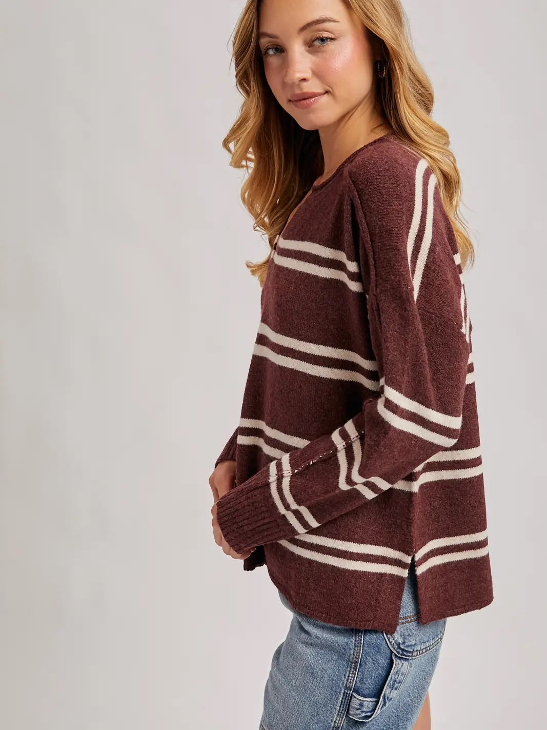 Notch-Neck Striped Knit Sweater- Chestnut
