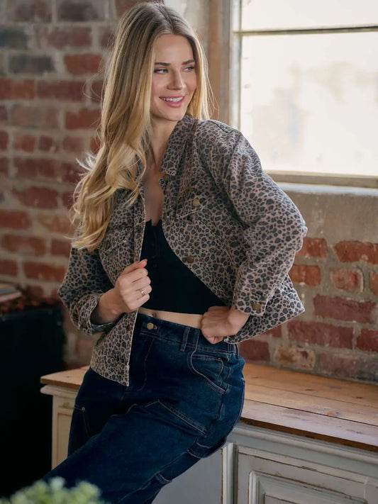 Leopard Print Oversized Denim Trucker Jacket