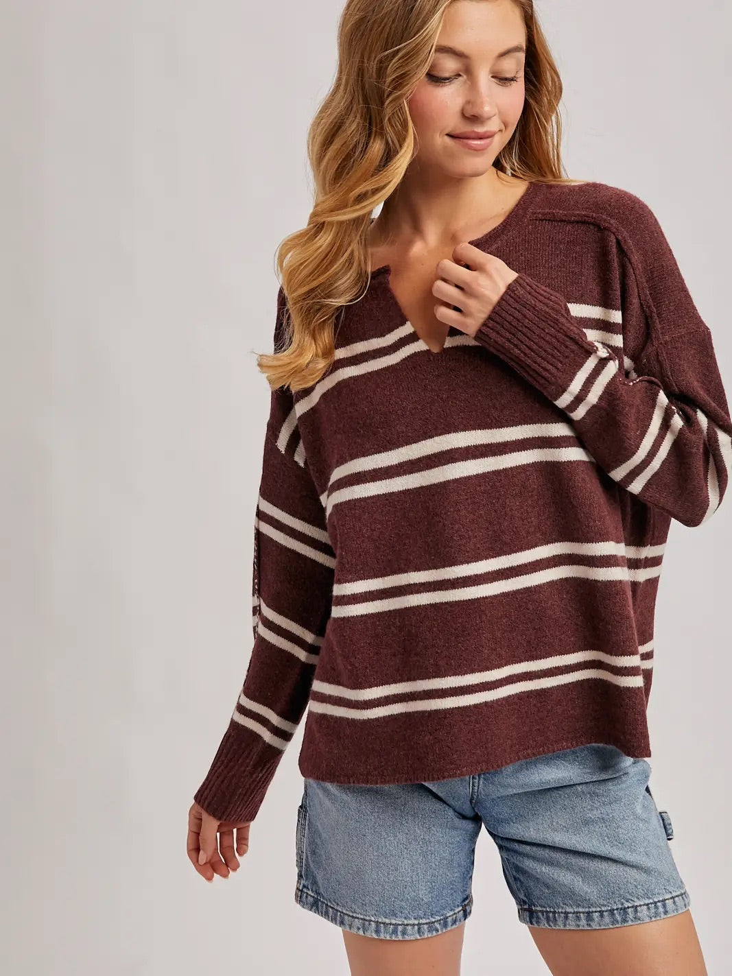 Notch-Neck Striped Knit Sweater- Chestnut