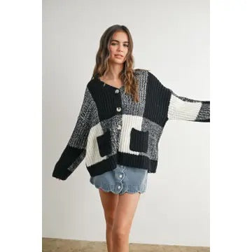 Oversized Checkered Drop Shoulder Cardigan