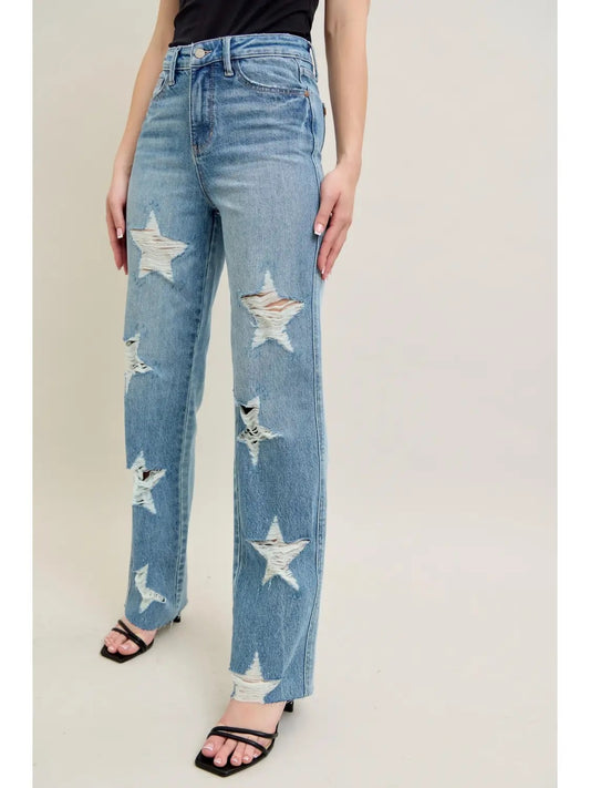Judy Blue High Waisted Distressed Star Denim 90s Straight