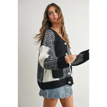 Oversized Checkered Drop Shoulder Cardigan