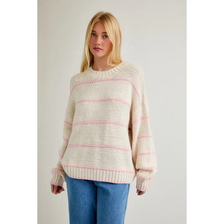 Cream Baby Pink Crew Neck Striped Sweater