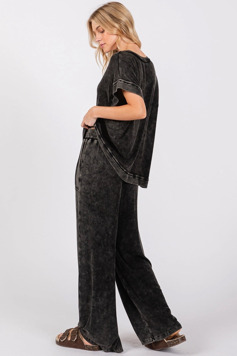 Mineral Washed Ribbed Top and Pants Set- Black