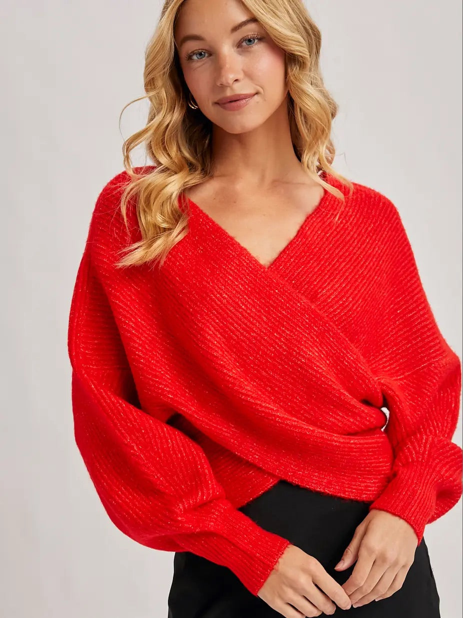 Wrap Crossover Fuzzy Knit Sweater