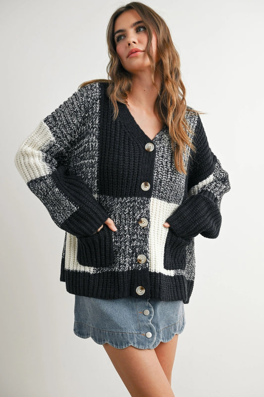 Oversized Checkered Drop Shoulder Cardigan