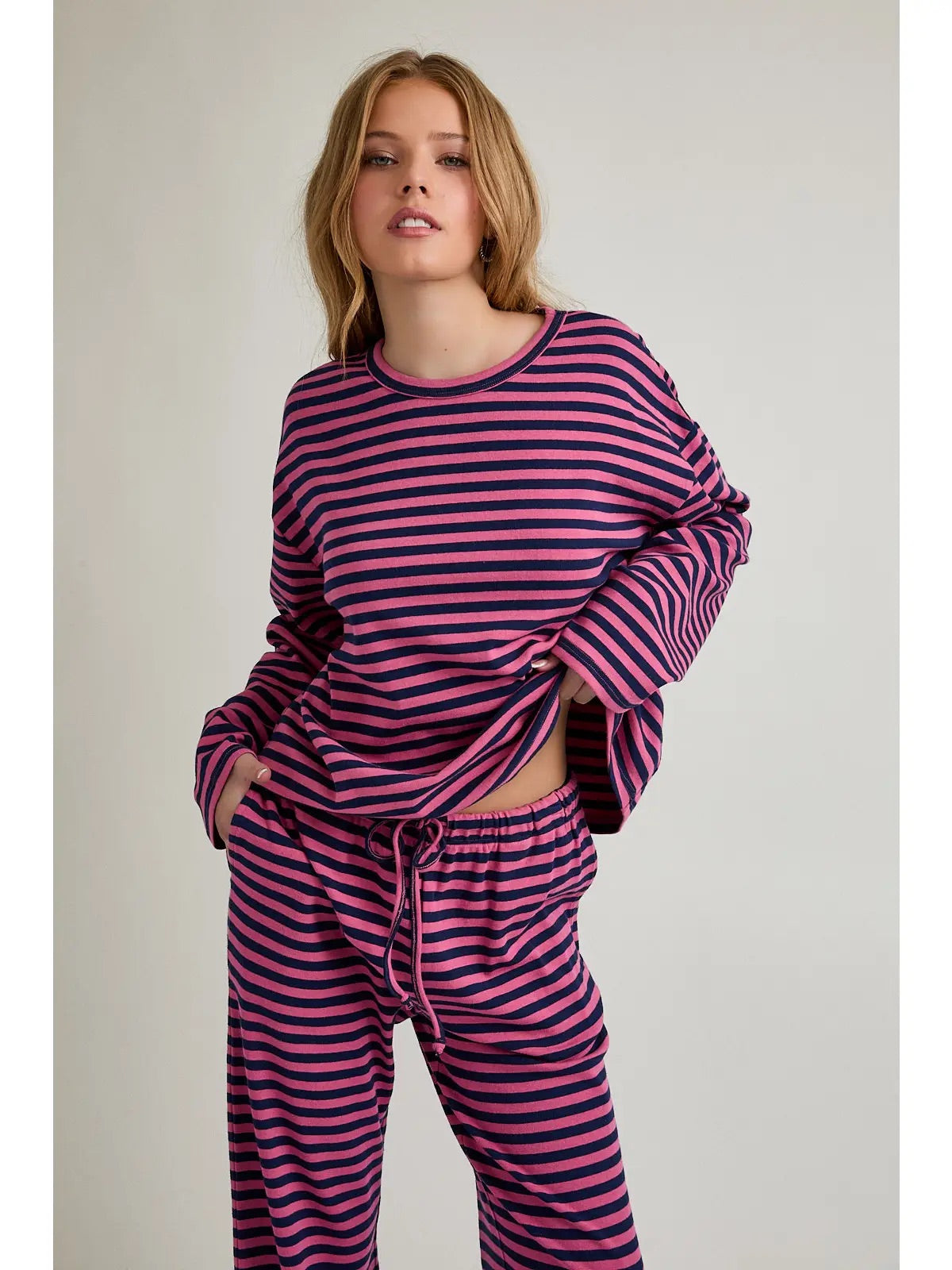 Long Sleeve Round Neck Striped Matching Set- Pink & Navy