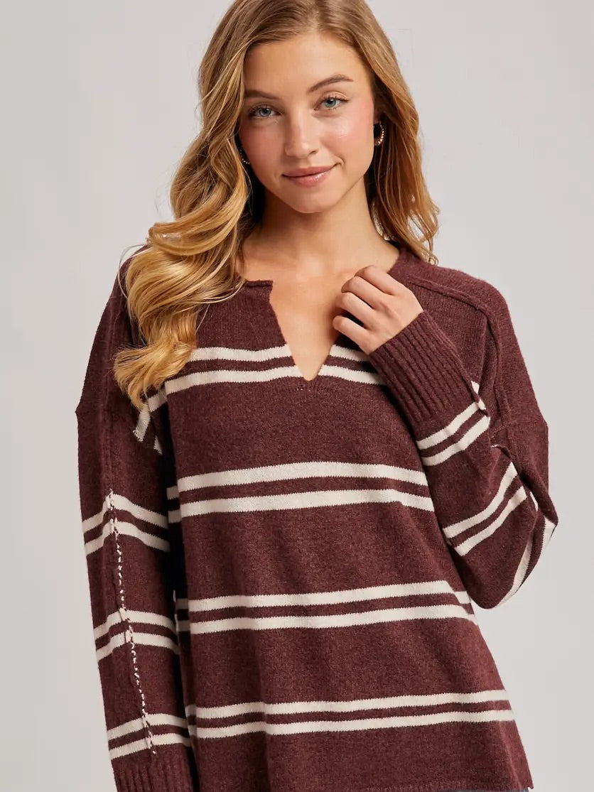 Notch-Neck Striped Knit Sweater- Chestnut