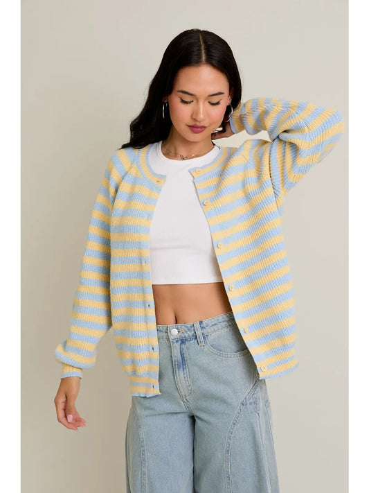 Raglan Long Sleeve Crew Neck Striped Cardigan